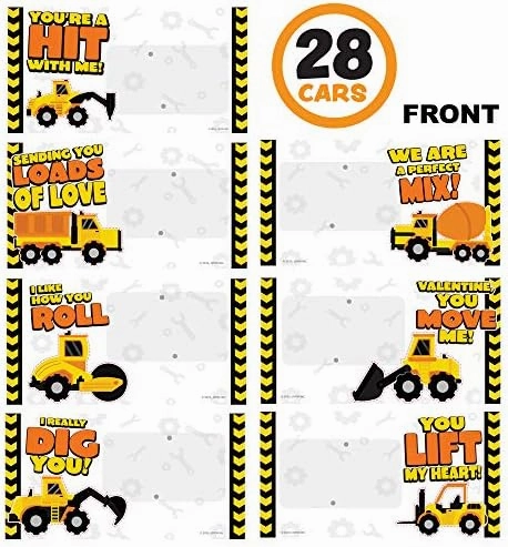 JOYIN 28 Pack Valentines Party Gift Cards with Mini Construction Vehicle Toy Set for Kids Valentine's Classroom Exchange Prizes