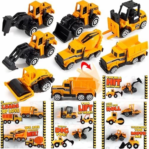 JOYIN 28 Pack Valentines Party Gift Cards with Mini Construction Vehicle Toy Set for Kids Valentine's Classroom Exchange Prizes