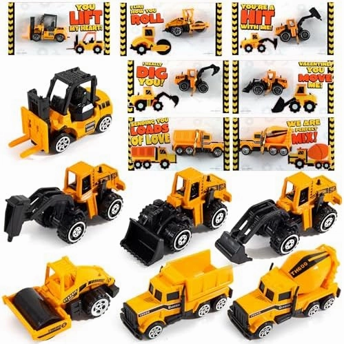 JOYIN 28 Pack Valentines Party Gift Cards with Mini Construction Vehicle Toy Set for Kids Valentine's Classroom Exchange Prizes