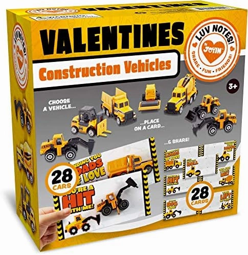 JOYIN 28 Pack Valentines Party Gift Cards with Mini Construction Vehicle Toy Set for Kids Valentine's Classroom Exchange Prizes