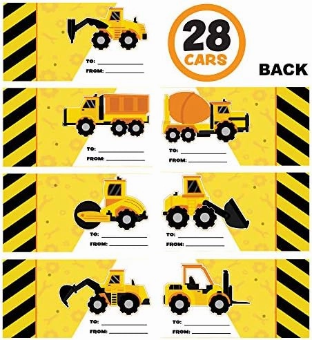 JOYIN 28 Pack Valentines Party Gift Cards with Mini Construction Vehicle Toy Set for Kids Valentine's Classroom Exchange Prizes