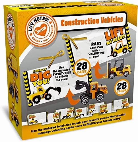 JOYIN 28 Pack Valentines Party Gift Cards with Mini Construction Vehicle Toy Set for Kids Valentine's Classroom Exchange Prizes