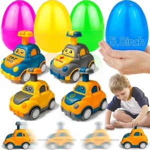 Jumbo 4 Pack 5.8 Inch Easter Eggs Filled with Press and Go Car Easter Toys Surprise Eggs for Kids Boys Toddlers Easter Basket Essential Stuffers Filled Easter Eggs with Toys for Party Favors Gifts