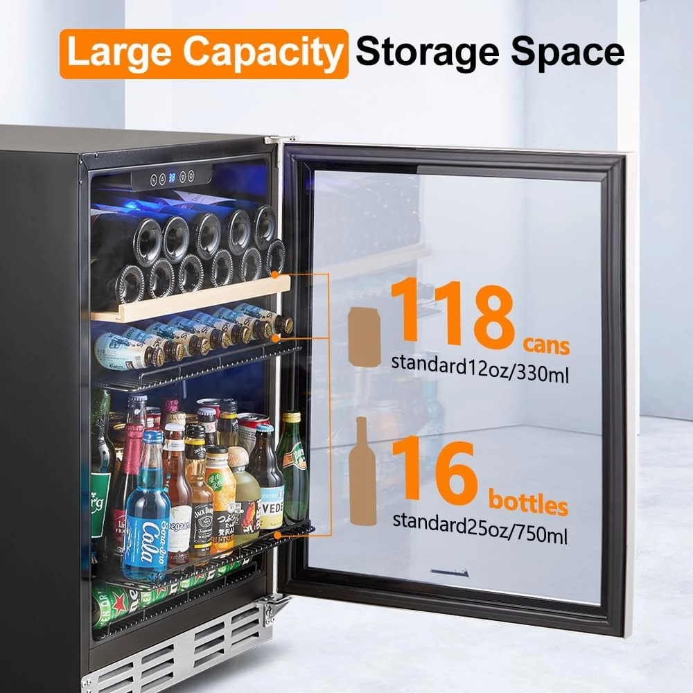 Kalamera Mini Fridge 24” Beverage and Wine Cooler Built-in or Freestanding - 118 Cans & 16 Bottles Capacity Wine Refrigerator Cooler