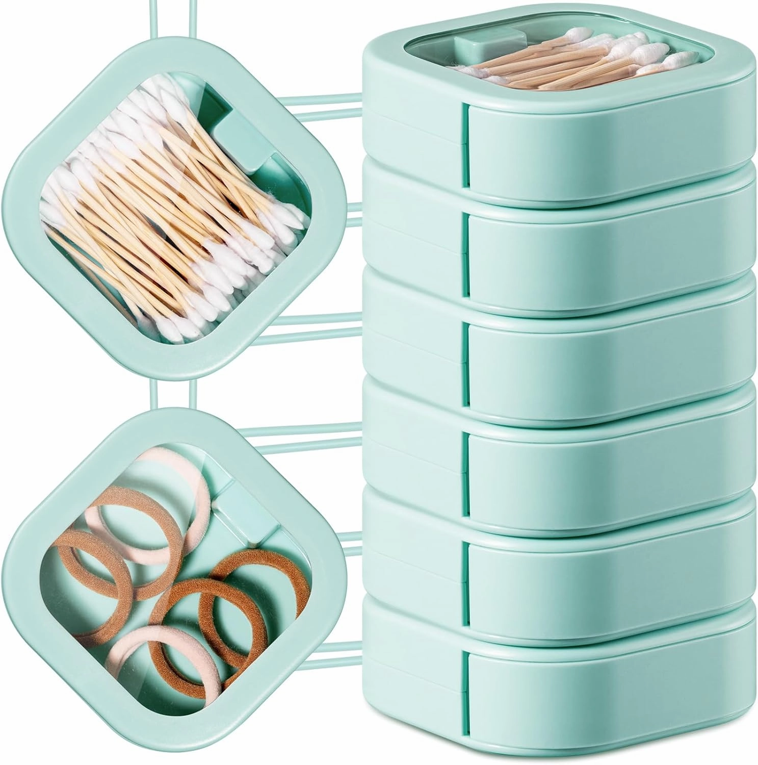 Kathfly 6 Pcs Hair Tie Container Dispenser Organizer Hair Tie Holder Travel Portable Bobby Pin Holder Cotton Swabs Dispenser Women Bathroom Storage Accessory(Green)