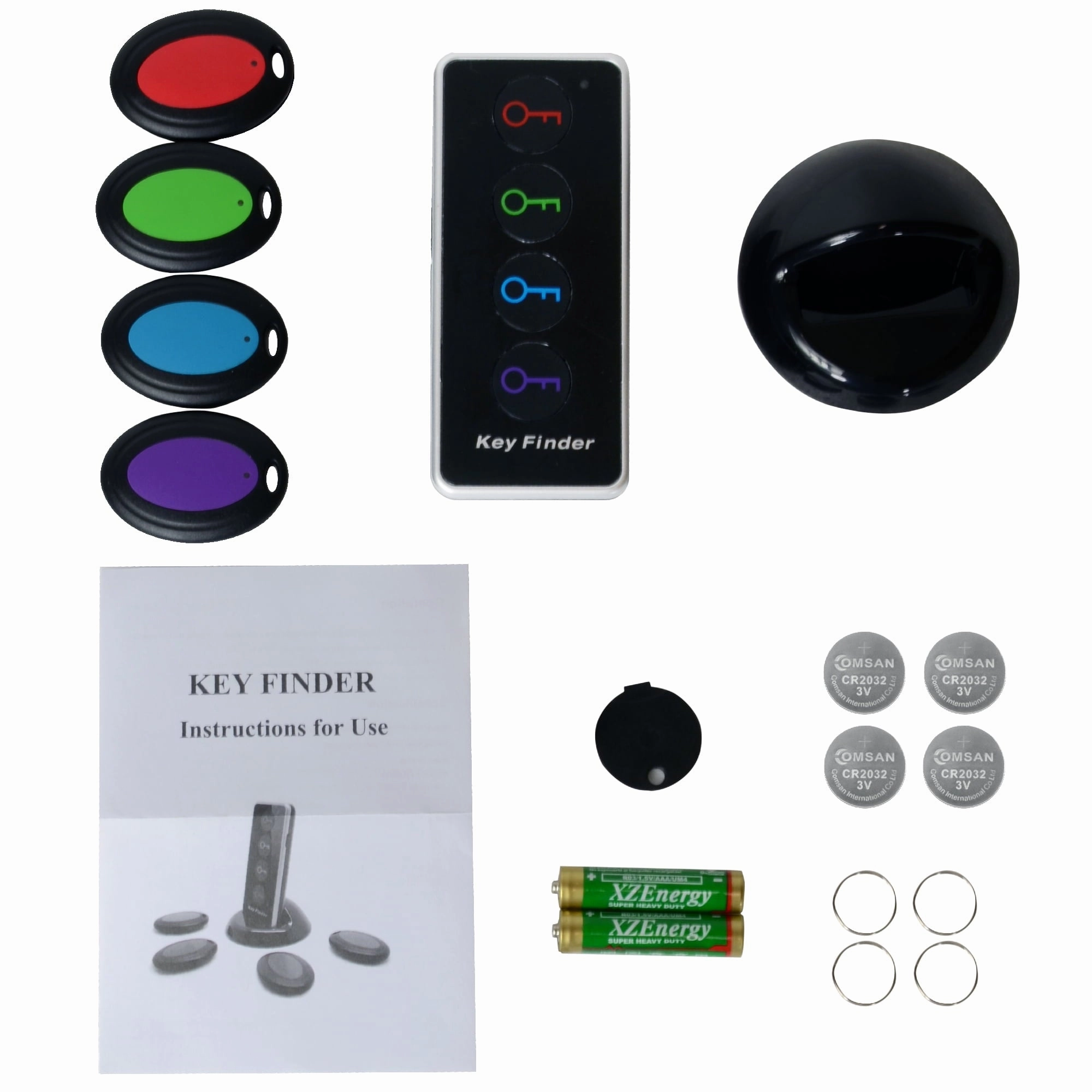 Key Finder RF Item Locator with 1 Transmitter and 4 Receivers, 130ft Working Range Wireless Item Tracker Support Remote Control LED Flashlight Function for Finding Phone, Wallet and Keys