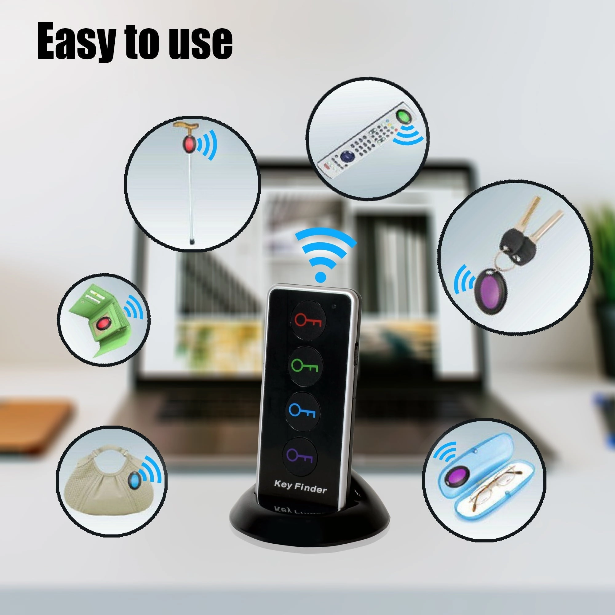 Key Finder RF Item Locator with 1 Transmitter and 4 Receivers, 130ft Working Range Wireless Item Tracker Support Remote Control LED Flashlight Function for Finding Phone, Wallet and Keys
