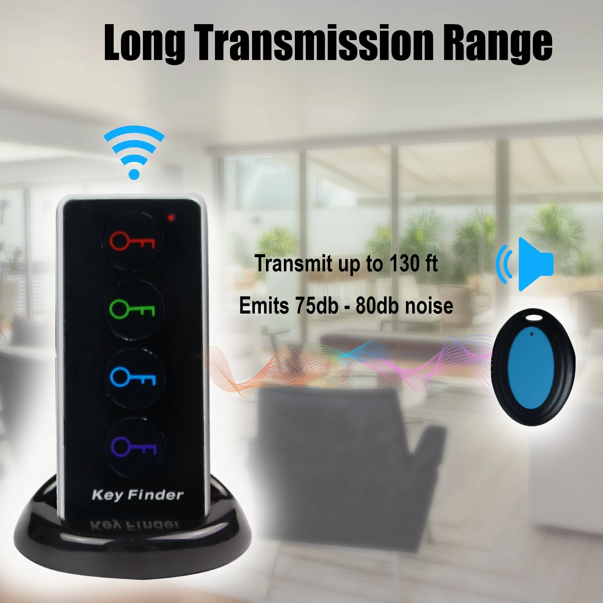 Key Finder RF Item Locator with 1 Transmitter and 4 Receivers, 130ft Working Range Wireless Item Tracker Support Remote Control LED Flashlight Function for Finding Phone, Wallet and Keys