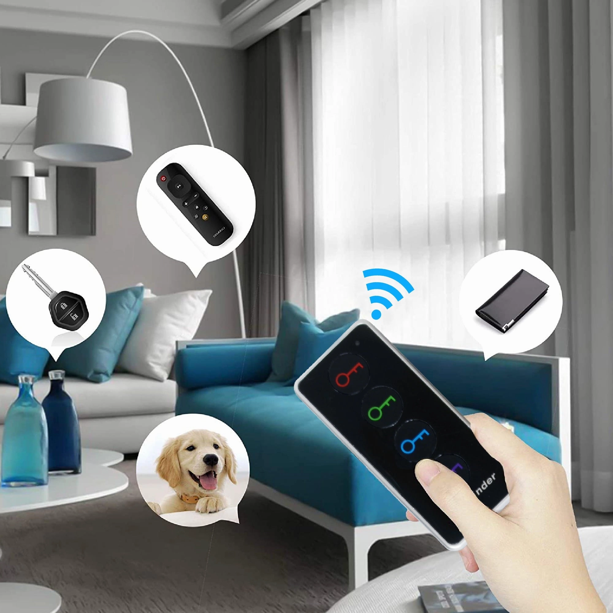 Key Finder RF Item Locator with 1 Transmitter and 4 Receivers, 130ft Working Range Wireless Item Tracker Support Remote Control LED Flashlight Function for Finding Phone, Wallet and Keys