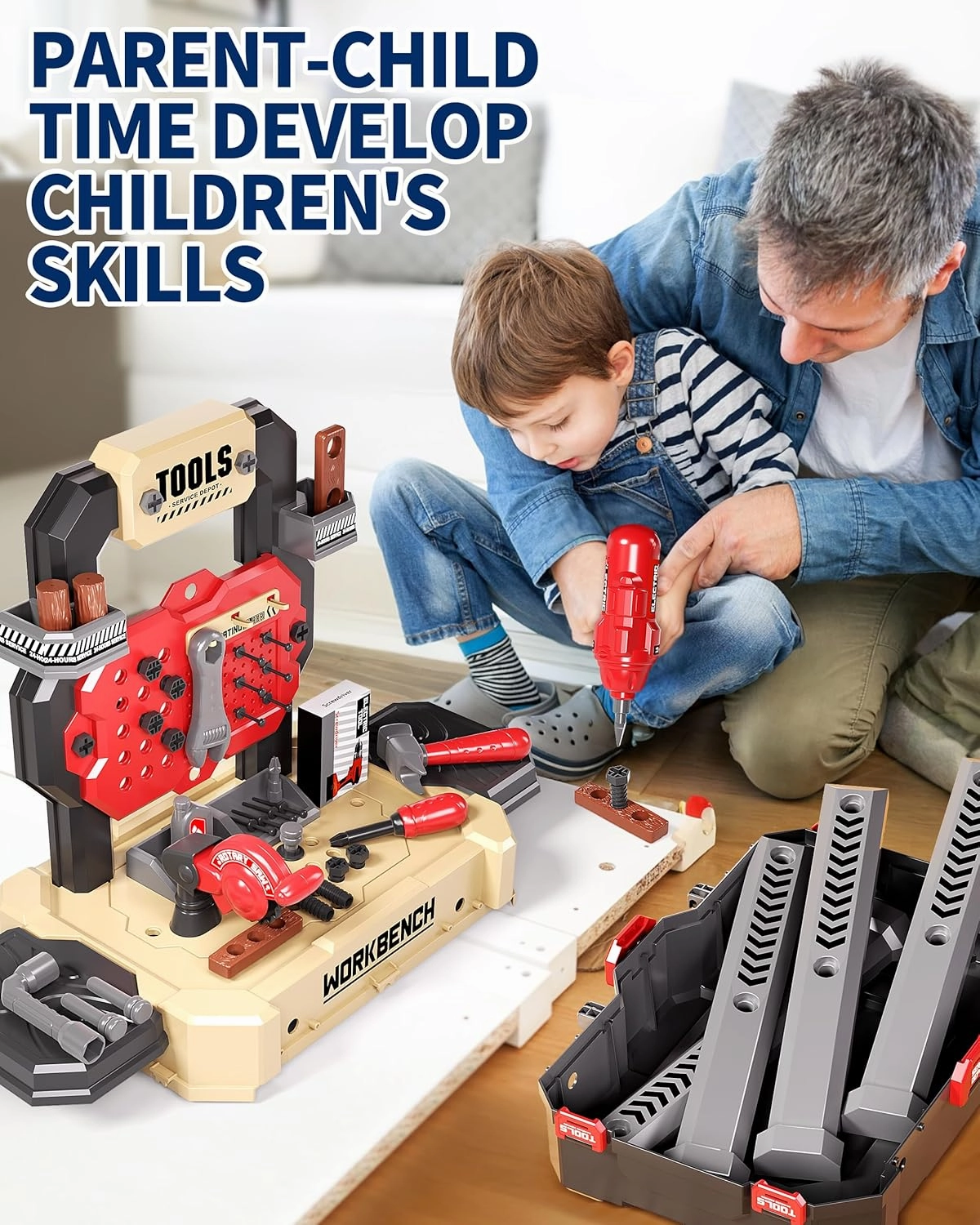 Kids Tool Bench with Realistic Tools and Electric Drill, Suitable for 3-5 Year Olds to Build Their Own Toy Workbench, 79 Pcs Realistic Toy Tools with Clothes, 32 x 26.6 x 14.4 in-Yellow