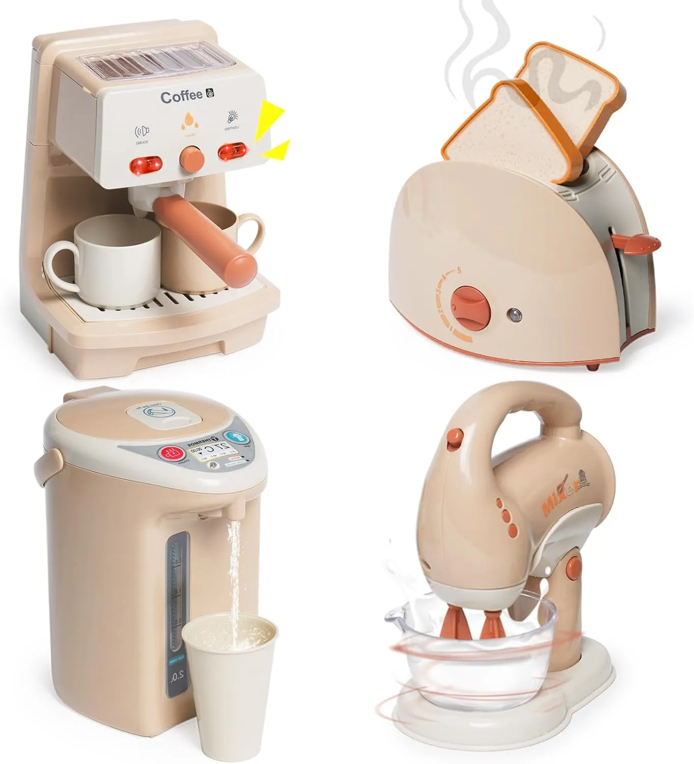 Kitchen Appliances Toy for Kids Kitchen Pretend Play Toy Play Kitchen Set with Coffee Maker Blender Espresso Machine Water Dispenser Toaster Mixer Realistic Sounds for Boys Girls 3 