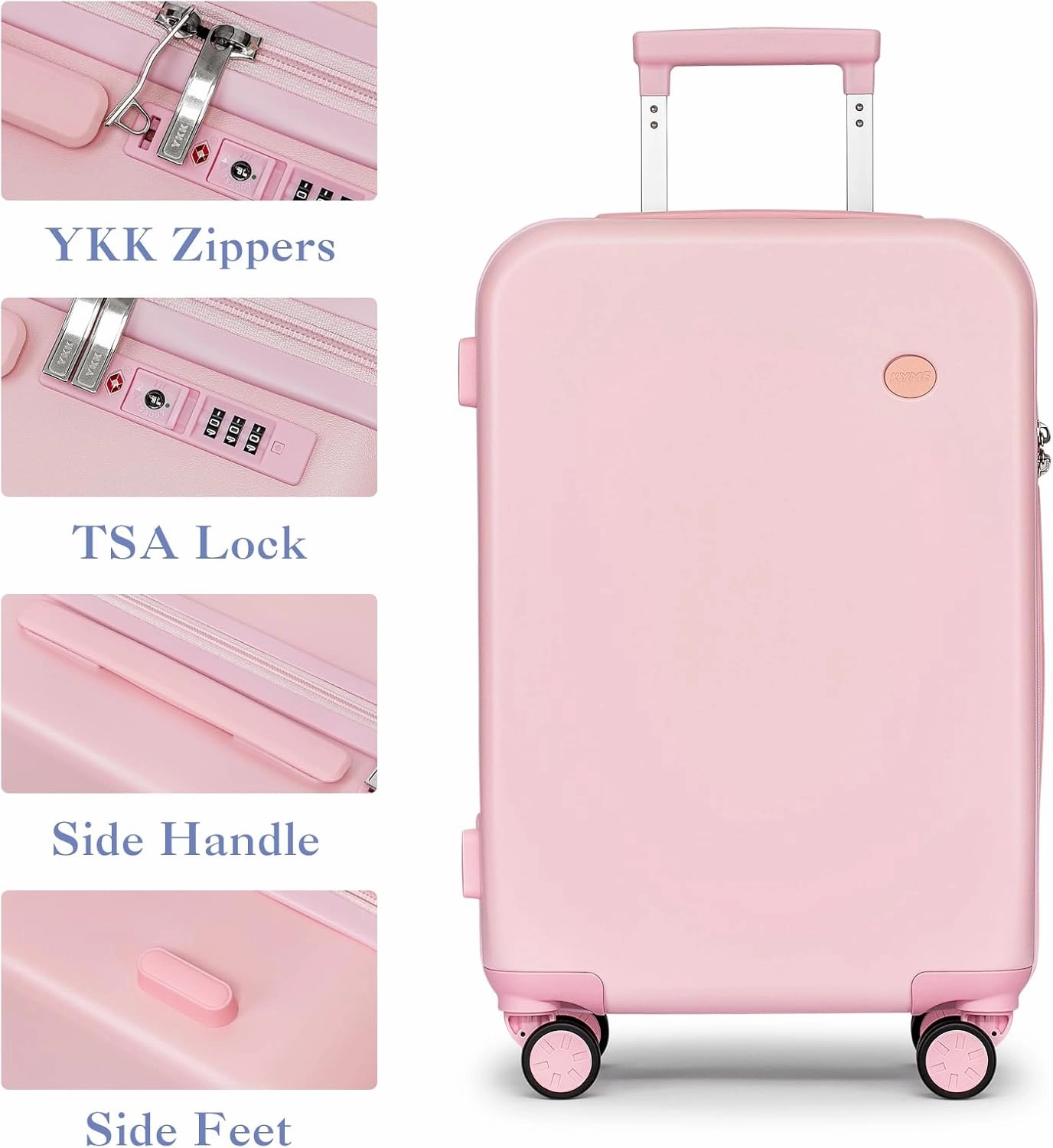 KYME Carry On Luggage, 22 Inch Suitcase With Double Spinner Wheels Airline Approved, 22x14x9 Hardshell Suicases Built-in Tsa Lock, PC Suitcase Carryon, Sakura Pink