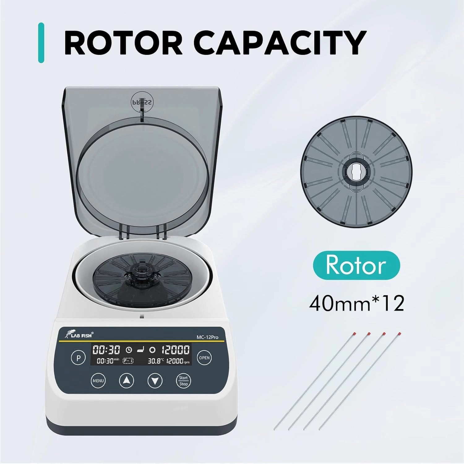 LAB FISH Lab Mini Centrifuge LCD Glass Tube (40mm,Φ1.5mm)*12 Microcentrifuge 12000 RPM Max.9660 xg RCF Time Setting