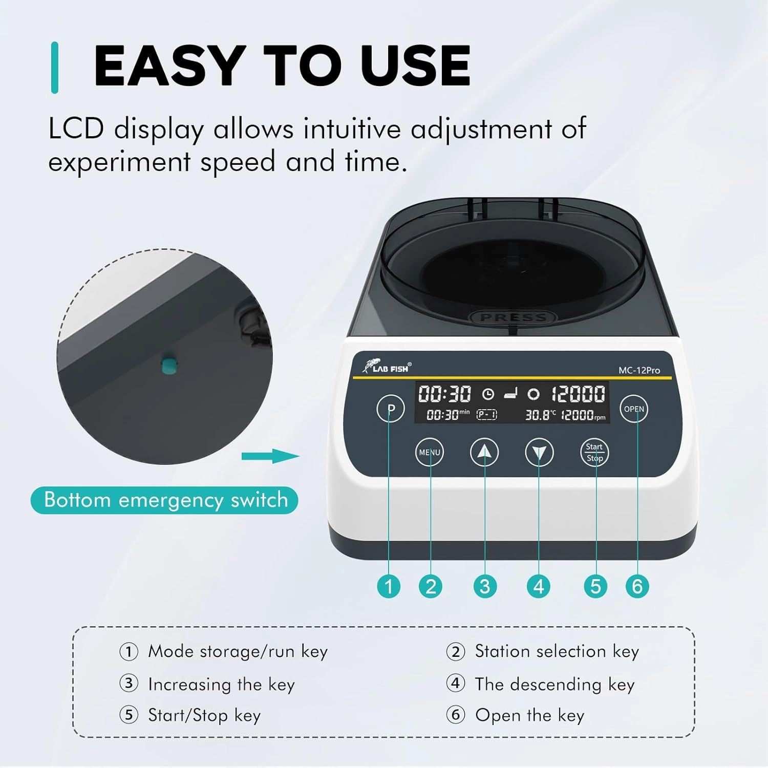 LAB FISH Lab Mini Centrifuge LCD Glass Tube (40mm,Φ1.5mm)*12 Microcentrifuge 12000 RPM Max.9660 xg RCF Time Setting