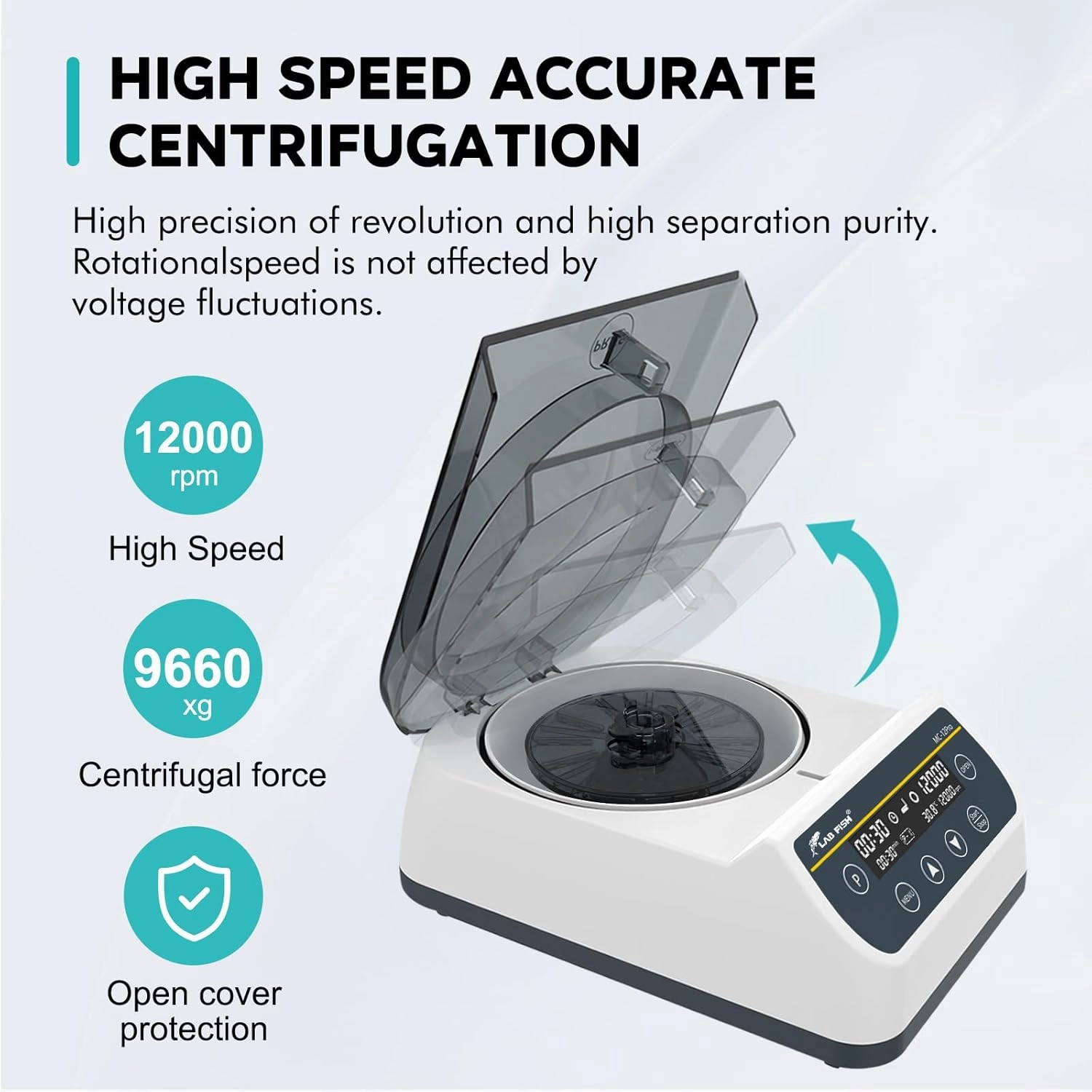 LAB FISH Lab Mini Centrifuge LCD Glass Tube (40mm,Φ1.5mm)*12 Microcentrifuge 12000 RPM Max.9660 xg RCF Time Setting