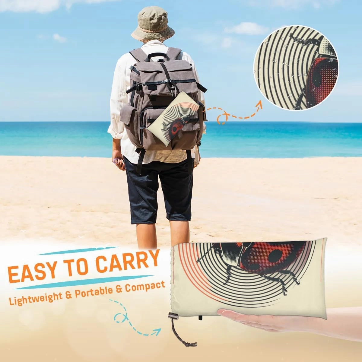 Ladybugs Beach Blanket, Sandproof Beach Mat, Adults Waterproof Quick Drying Sand Free Mat with 4 x Ground Spikes for Outdoor Travel Camping Hiking, Ladybugs Pattern