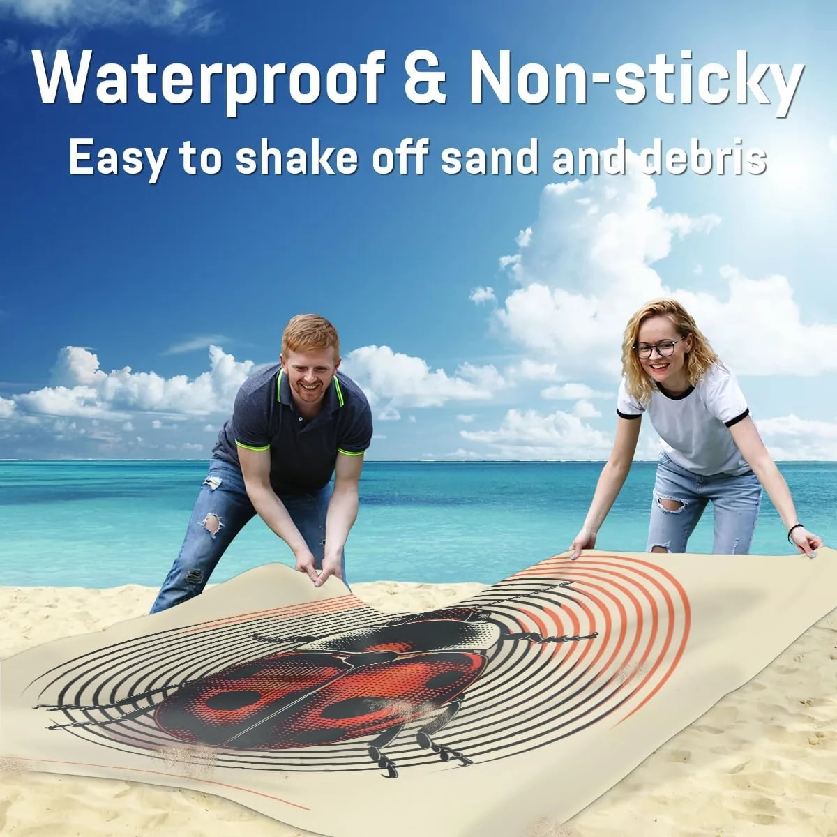 Ladybugs Beach Blanket, Sandproof Beach Mat, Adults Waterproof Quick Drying Sand Free Mat with 4 x Ground Spikes for Outdoor Travel Camping Hiking, Ladybugs Pattern