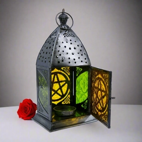 Lantern, Iron, Orange and Green Glass, Star Design