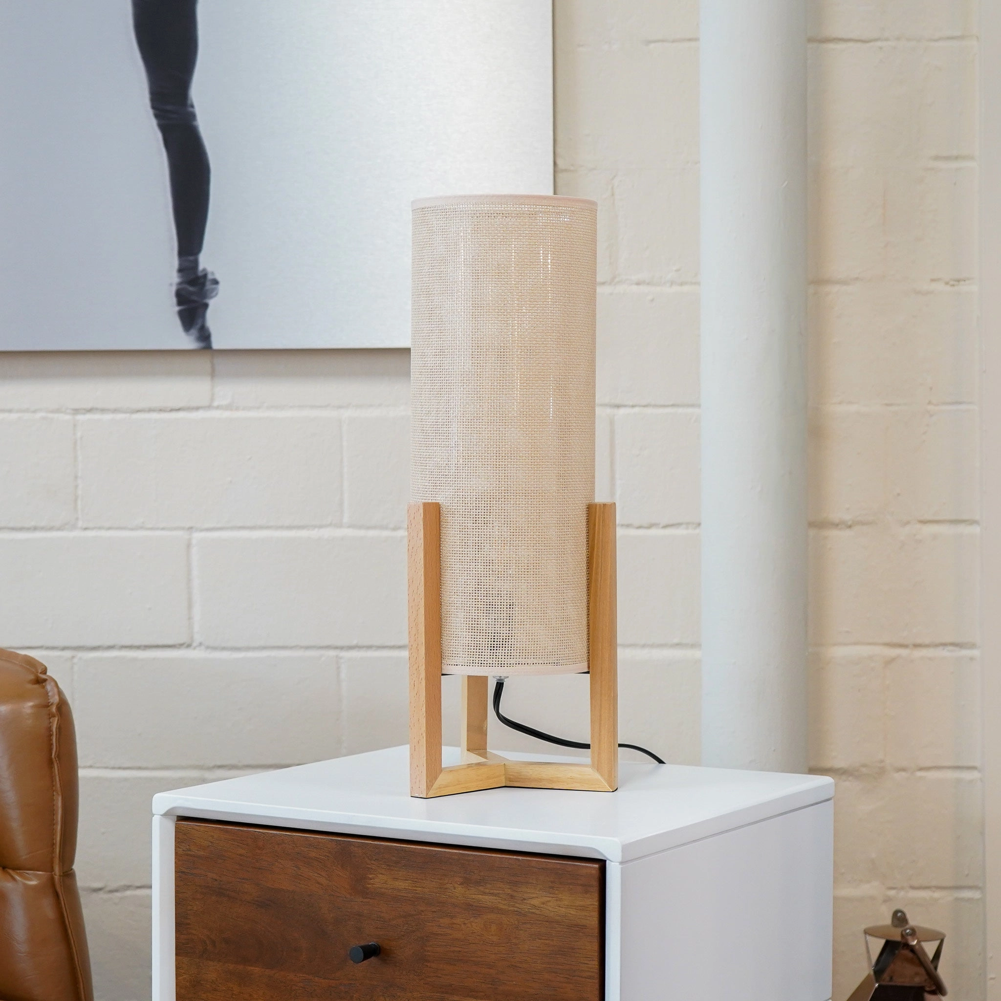 Lantern Natura Oak Rattan Cylinder Table Lamp With Wooden Frame