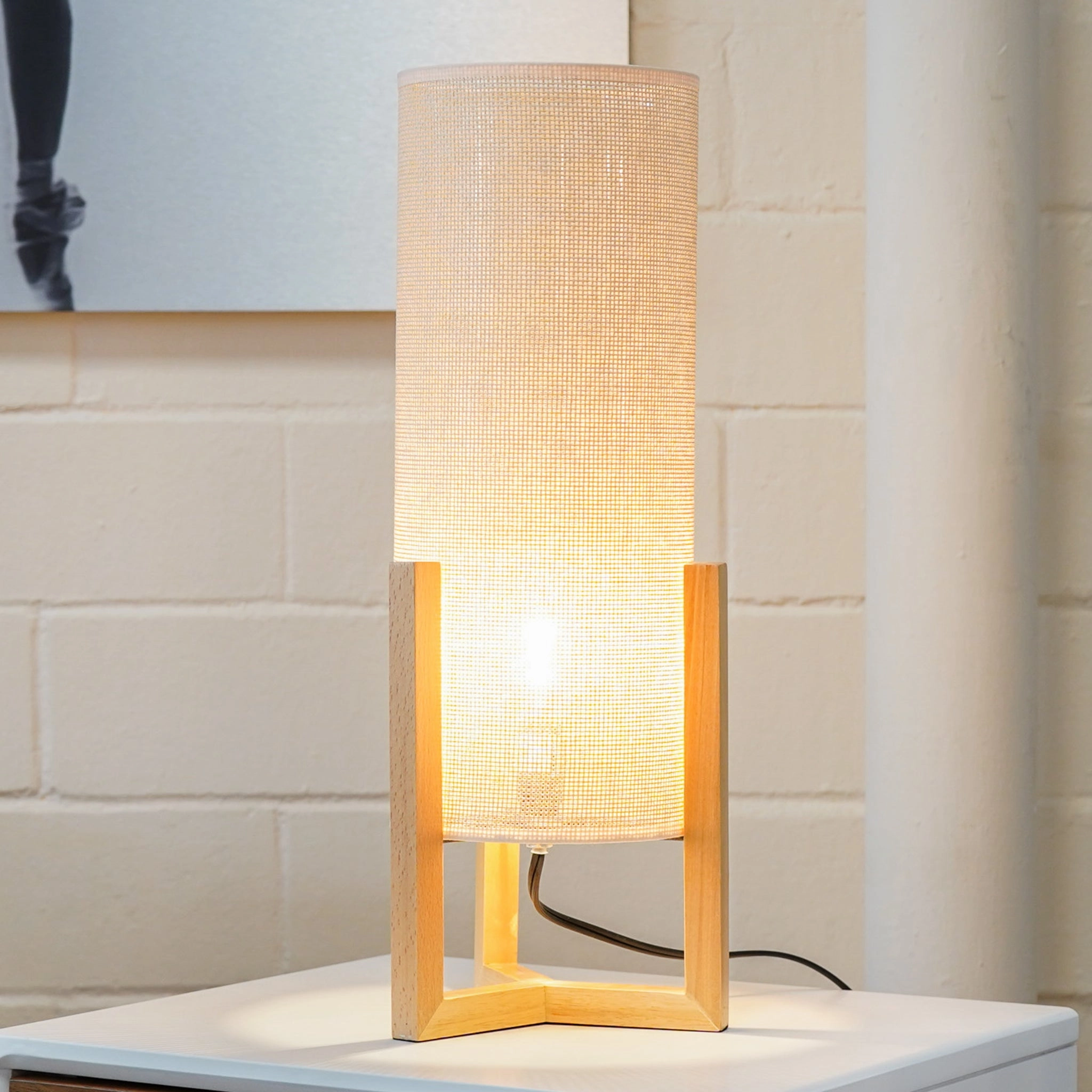 Lantern Natura Oak Rattan Cylinder Table Lamp With Wooden Frame