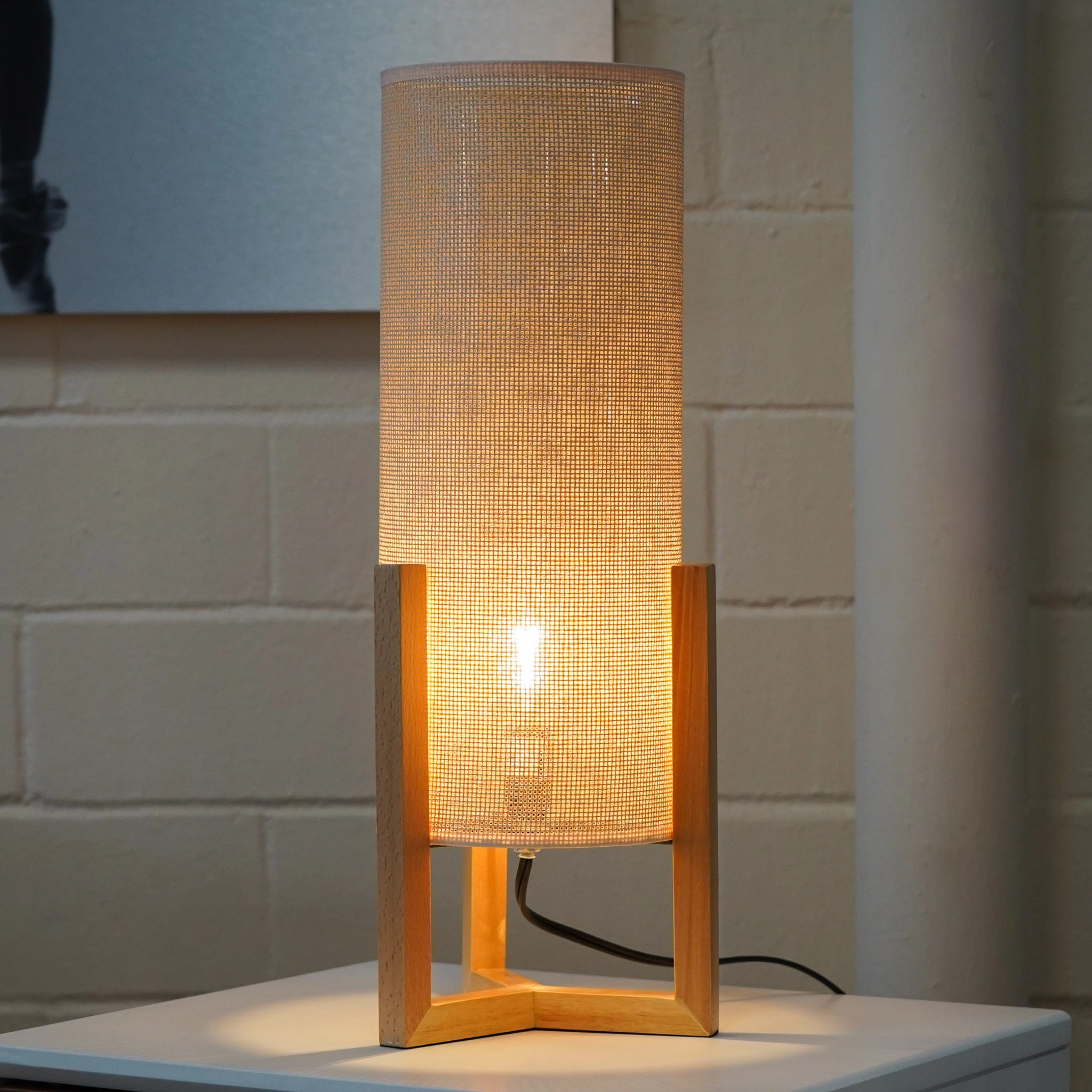 Lantern Natura Oak Rattan Cylinder Table Lamp With Wooden Frame