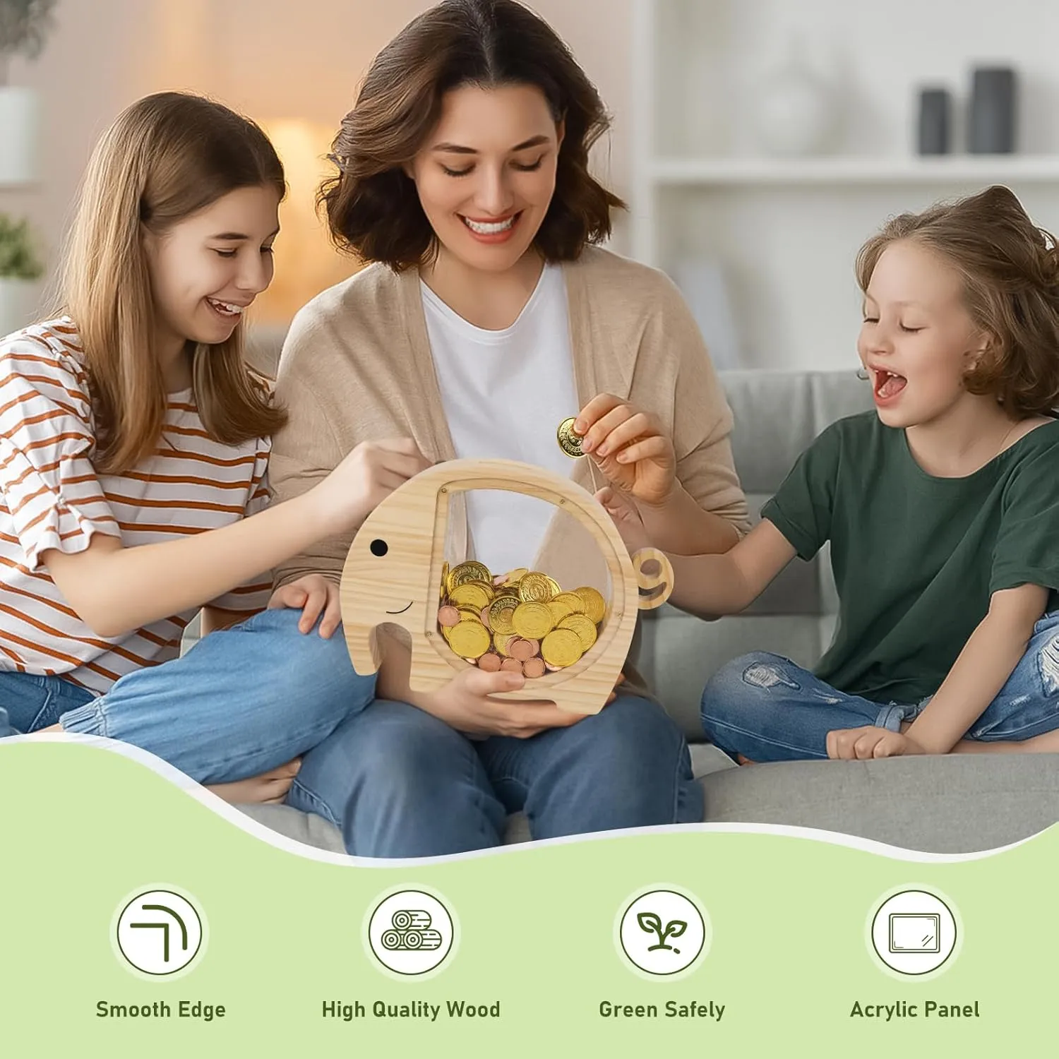 Large Wooden Piggy Bank for Boys & Girls, Cute Toy for Kids & Toddlers, Indestruct Saving Money Box Present with Clear Plastic for Adults Birthday Gifts & Easter