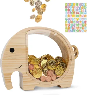 Large Wooden Piggy Bank for Boys & Girls, Cute Toy for Kids & Toddlers, Indestruct Saving Money Box Present with Clear Plastic for Adults Birthday Gifts & Easter