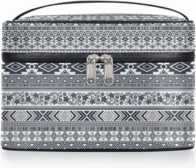 Large Makeup Bag Travel Cosmetic Bags for Women Grey Vintage Boho Geometric Chevron Aztec Makeup Organizer Case Toiletry Bag for Girls Traveling Wide Open Portable Pouch with Handle