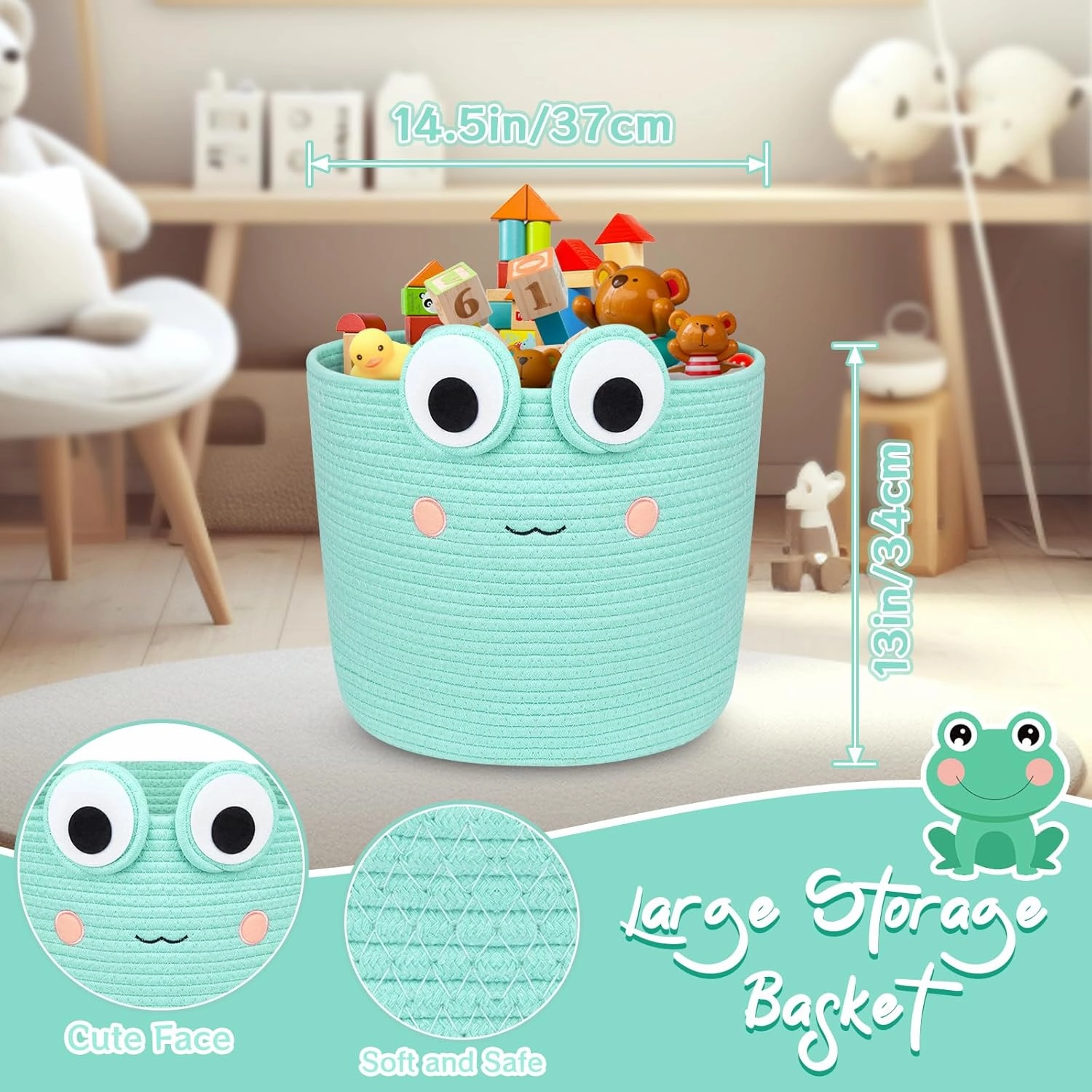 Large Storage Basket, Frog Shaped Cotton Rope Woven Basket for Nursery, Blanket Basket Baby Toy Storage Organizer Laundry Basket Gifts Empty, Cat Dog Bin Toys
