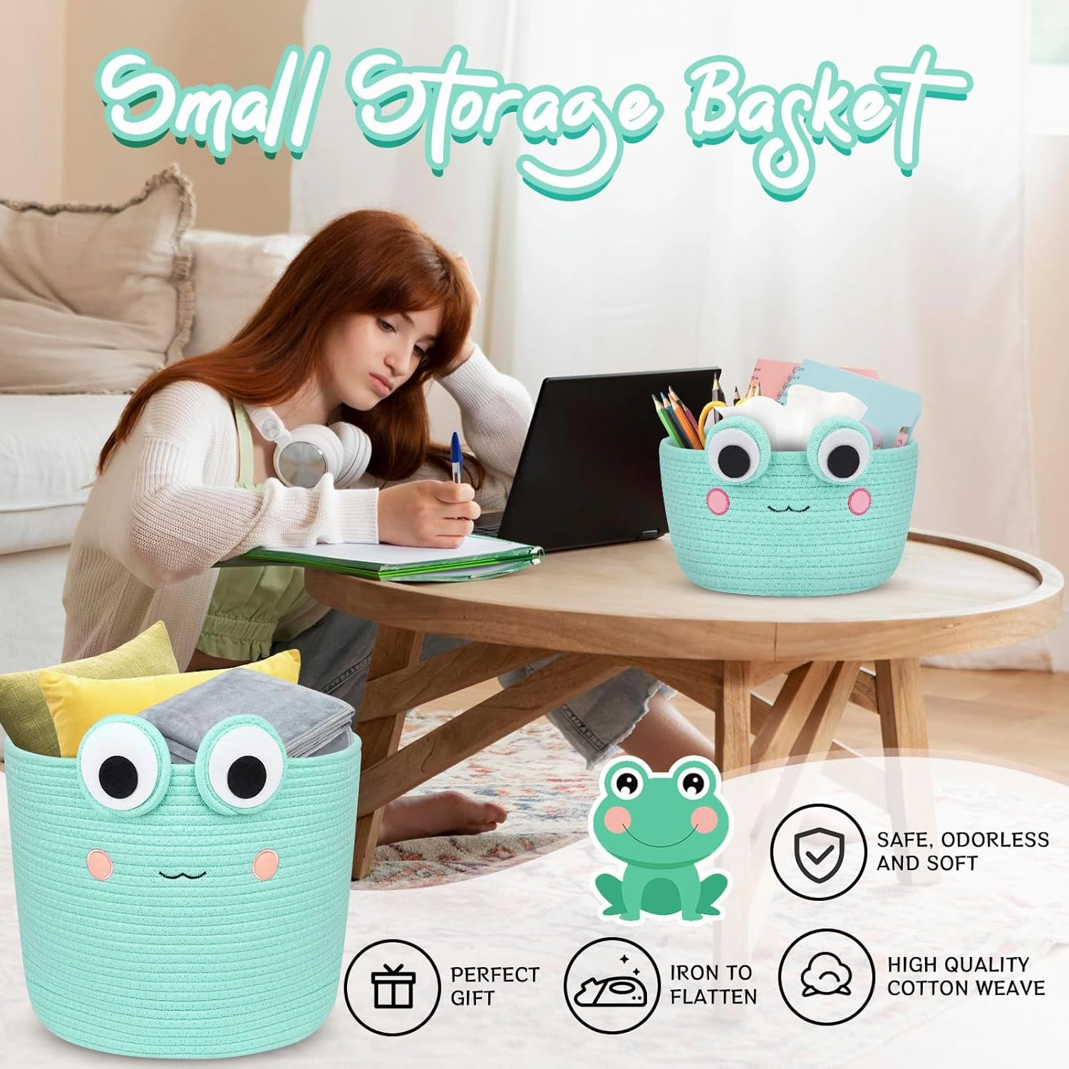 Large Storage Basket, Frog Shaped Cotton Rope Woven Basket for Nursery, Blanket Basket Baby Toy Storage Organizer Laundry Basket Gifts Empty, Cat Dog Bin Toys
