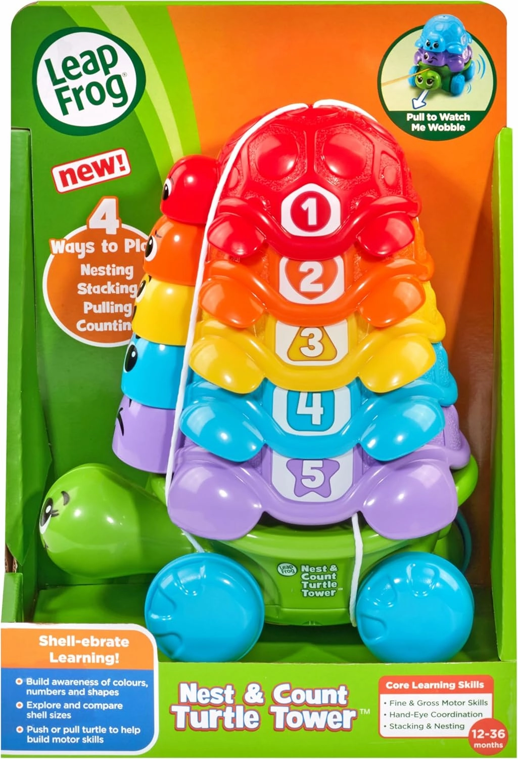 LeapFrog Nest & Count Turtle Tower, Pull Along, Stacking Toy, Teaches Colours, Shapes & Numbers, Includes 5 Turtle Shells, Sensory Baby Toy for 12, 18, 24 Months  , English Version