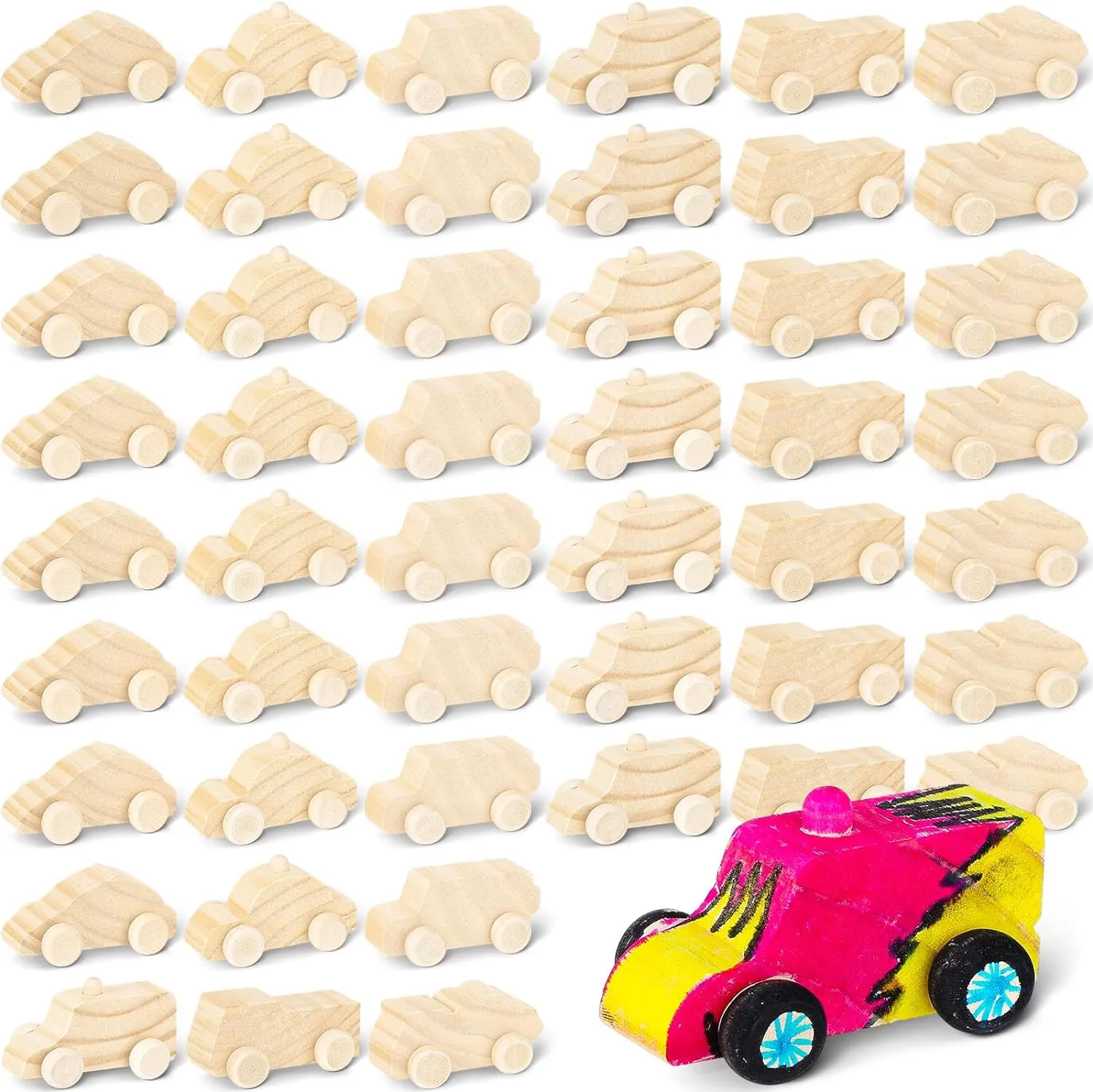 Lenwen 48 Pcs Wooden DIY Car Toys for Party Unfinished Wooden Cars, Wooden Toy Truck Wooden Graffiti Truck and Crafts DIY for Students Girls Boys Activities Craft Projects Woodworking(Cute)