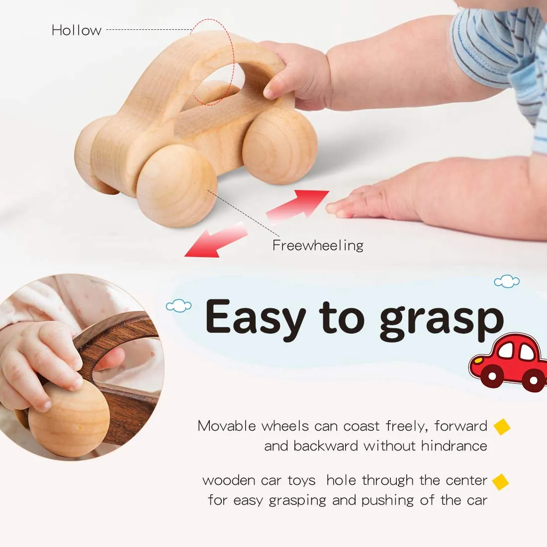 let's make Organic Baby Push Car Wooden Toys 2pc Wood Car and Fine Movement Development and Infant Grasping Montessori Toys