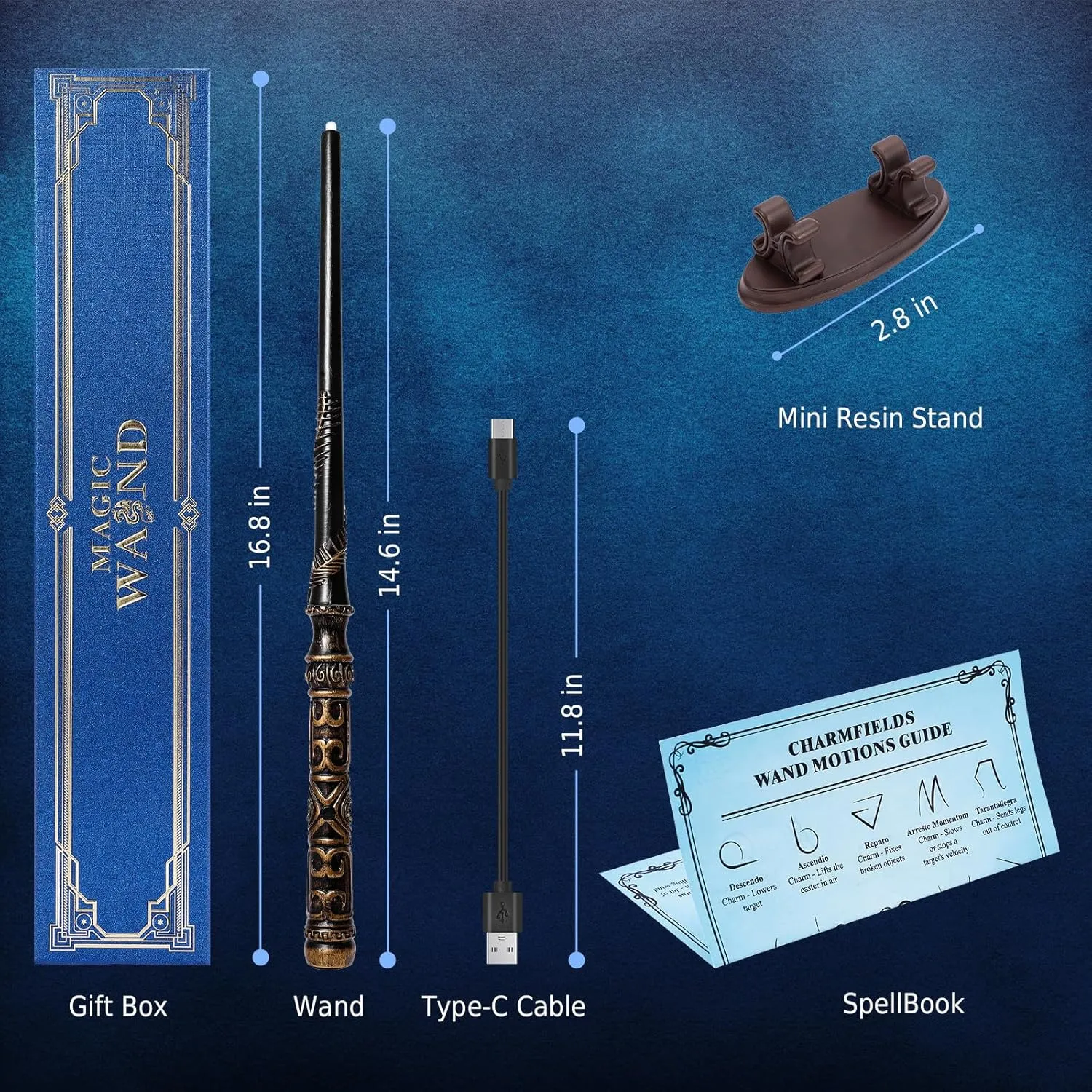 Light Up Magic Wizard Wand with 5 Static Light Colors, Rechargeable Illuminating Resin Witch Wand for Kids Collection Cosplay, with Mini Stand Display, Bronzeware