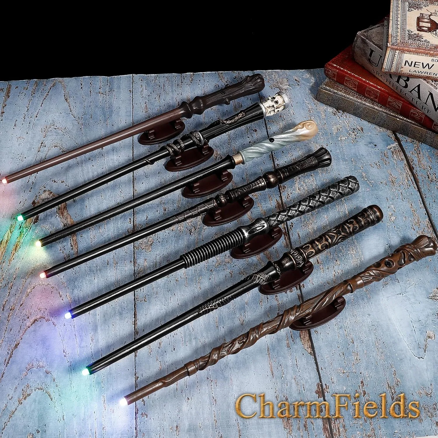 Light Up Magic Wizard Wand with 5 Static Light Colors, Rechargeable Illuminating Resin Witch Wand for Kids Collection Cosplay, with Mini Stand Display, Bronzeware