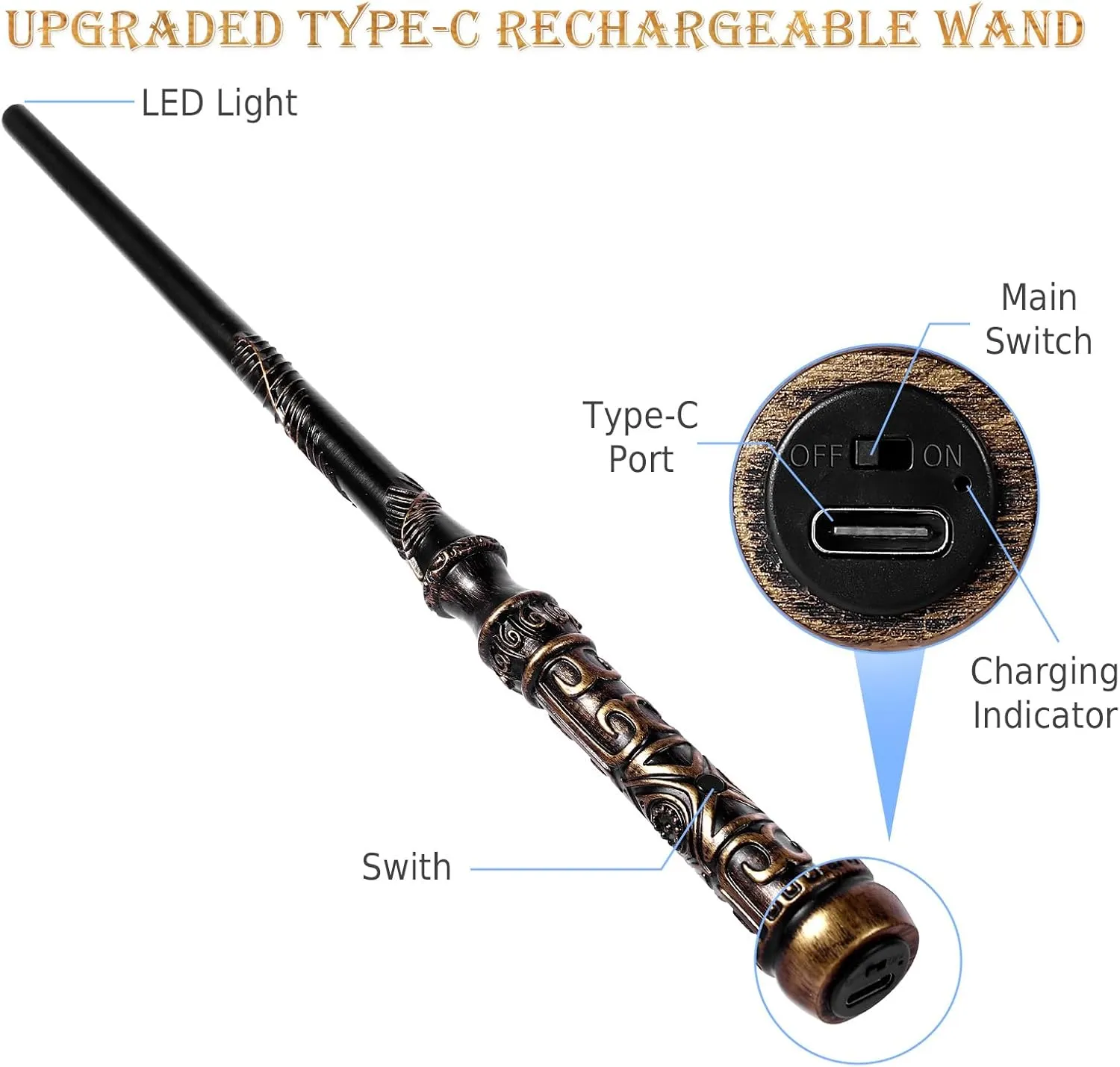 Light Up Magic Wizard Wand with 5 Static Light Colors, Rechargeable Illuminating Resin Witch Wand for Kids Collection Cosplay, with Mini Stand Display, Bronzeware
