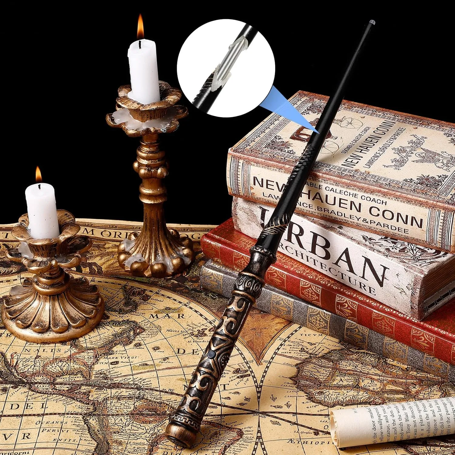 Light Up Magic Wizard Wand with 5 Static Light Colors, Rechargeable Illuminating Resin Witch Wand for Kids Collection Cosplay, with Mini Stand Display, Bronzeware