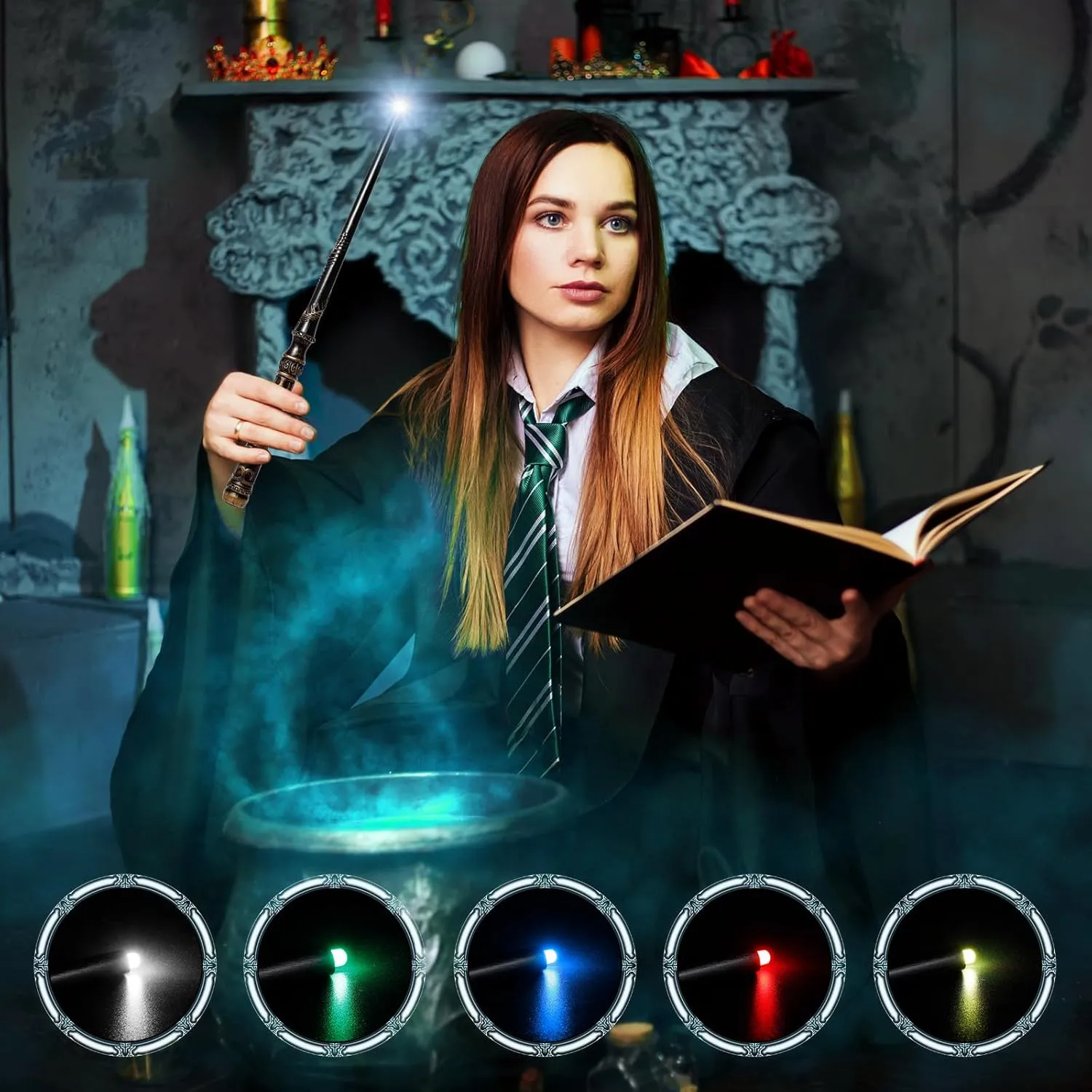 Light Up Magic Wizard Wand with 5 Static Light Colors, Rechargeable Illuminating Resin Witch Wand for Kids Collection Cosplay, with Mini Stand Display, Bronzeware