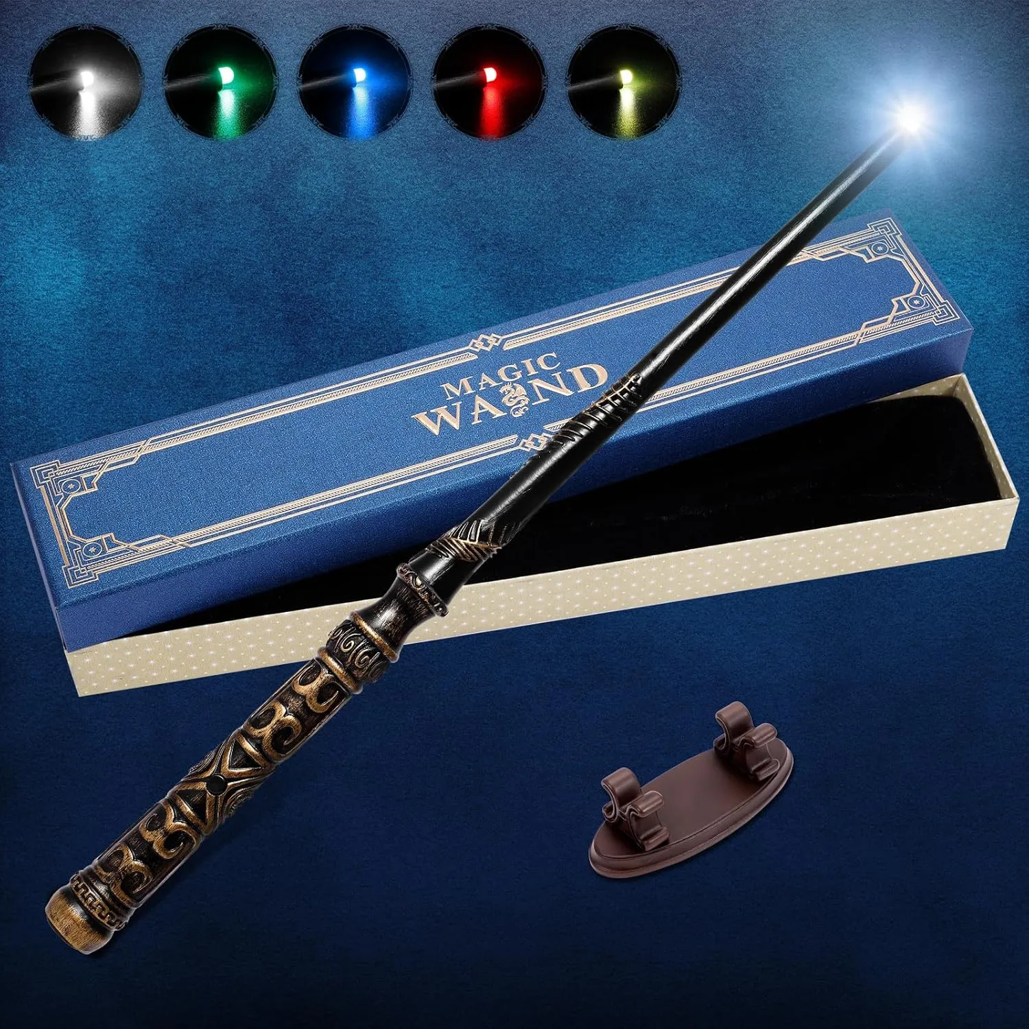 Light Up Magic Wizard Wand with 5 Static Light Colors, Rechargeable Illuminating Resin Witch Wand for Kids Collection Cosplay, with Mini Stand Display, Bronzeware