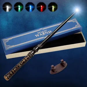 Light Up Magic Wizard Wand with 5 Static Light Colors, Rechargeable Illuminating Resin Witch Wand for Kids Collection Cosplay, with Mini Stand Display, Bronzeware