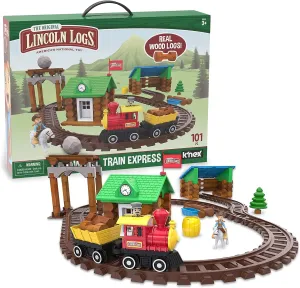 LINCOLN LOGS-Sawmill Express Train - 101 Parts - Real Wood Logs - Buildable Train Track-Ages 3  - Best Retro Building Gift Set for Boys/Girls-Creative Construction Engineering-Preschool Education Toy