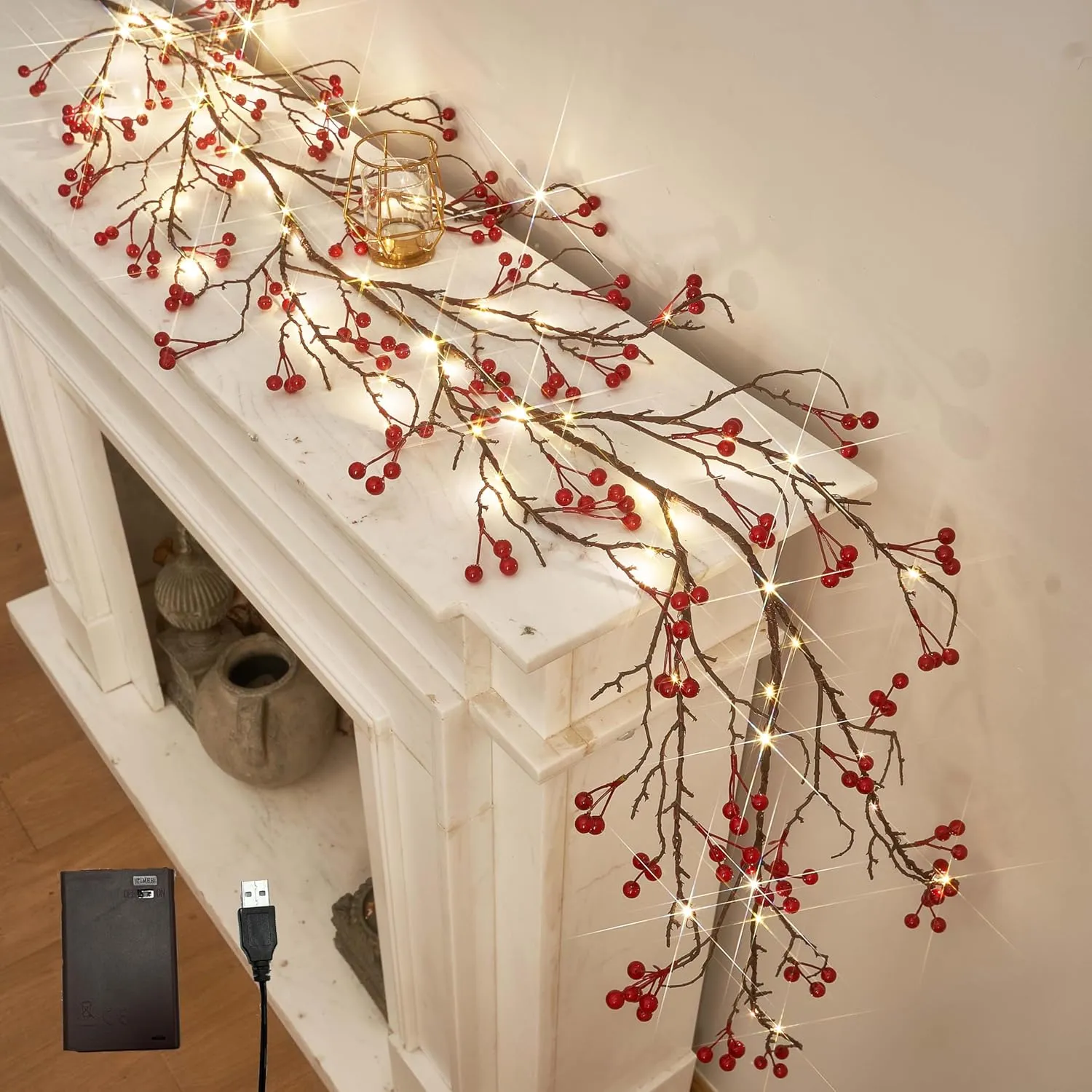LITBLOOM Lighted Red Berry Garland 120 LED Fairy Lights with Timer, Garland with Lights 6FT Battery Operated and USB Plug in for Home Fireplace Wall Christmas Decoration