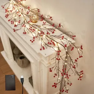 LITBLOOM Lighted Red Berry Garland 120 LED Fairy Lights with Timer, Garland with Lights 6FT Battery Operated and USB Plug in for Home Fireplace Wall Christmas Decoration
