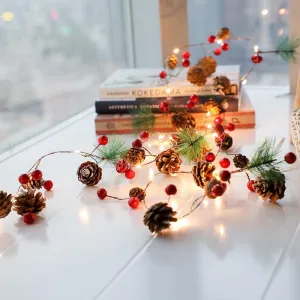 LLGT Christmas String Lights 5.7ft LED Copper Wire Light Christmas Tree Decorative Lights with Red Berry and Leaves Battery Operated Fairy String Lights Indoor Outdoor Christmas Decorations