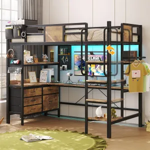 Loft Bed Twin Size,Bunk Bed with Desk Underneath,Loft Bed with RGB LED Lights and Charging Station,with 5 Storage Drawer Cabinets and 2 open Shelves,Twin Loft bed No Box Spring Needed,Vintage Brown