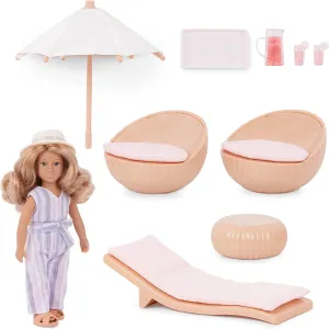 Lori Dolls – Marina's Terrace Set– Mini Doll & Toy Terrace Furniture – 6-inch Doll & Dollhouse Accessories – Chairs, Table, Umbrella, Lemonade – Play Set for Kids – 3 Years  
