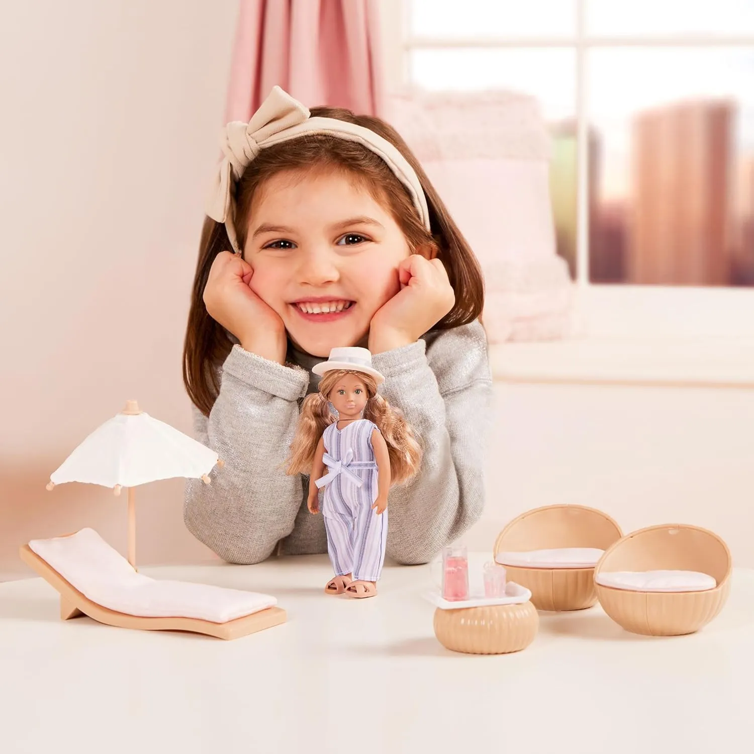Lori Dolls – Marina's Terrace Set– Mini Doll & Toy Terrace Furniture – 6-inch Doll & Dollhouse Accessories – Chairs, Table, Umbrella, Lemonade – Play Set for Kids – 3 Years  