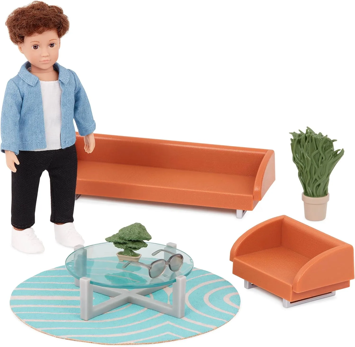 Lori – Mini Boy Doll & Toy Living Room Furniture – 6-inch Boy Doll & Dollhouse Accessories – Sofa, Armchair, Coffee Table, Rug, Plants – Play Set for Kids – 3 Years   – Miguel's Lounge Set