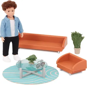 Lori – Mini Boy Doll & Toy Living Room Furniture – 6-inch Boy Doll & Dollhouse Accessories – Sofa, Armchair, Coffee Table, Rug, Plants – Play Set for Kids – 3 Years   – Miguel's Lounge Set