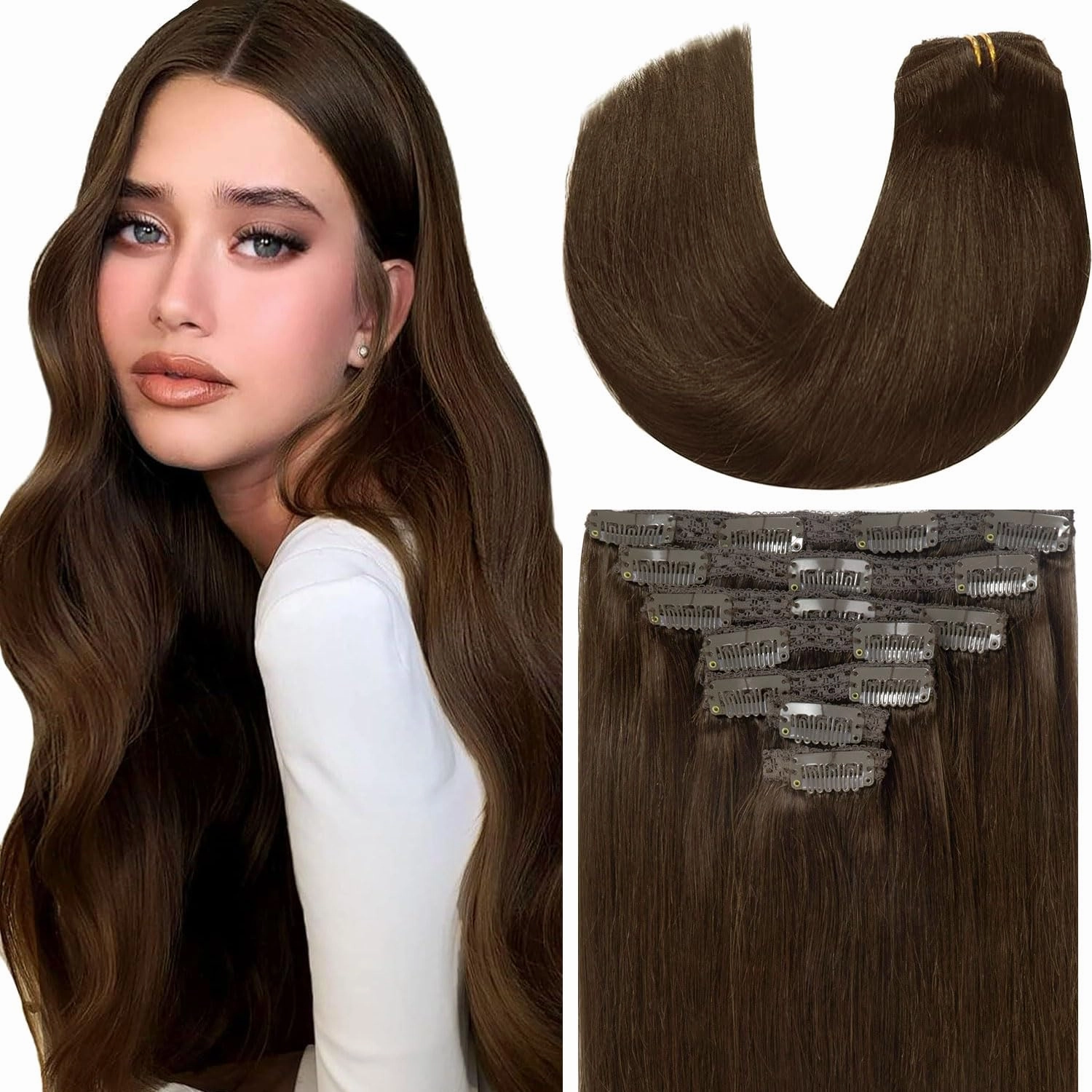 Loxxy 20Inch Clip in Hair Extensions Real Human Hair 140g 7pcs Light Dark Brown Seamless Silky Straight Clip in Hair Extensions Brazilian Remy Human Hair Clip in Extensions For Women